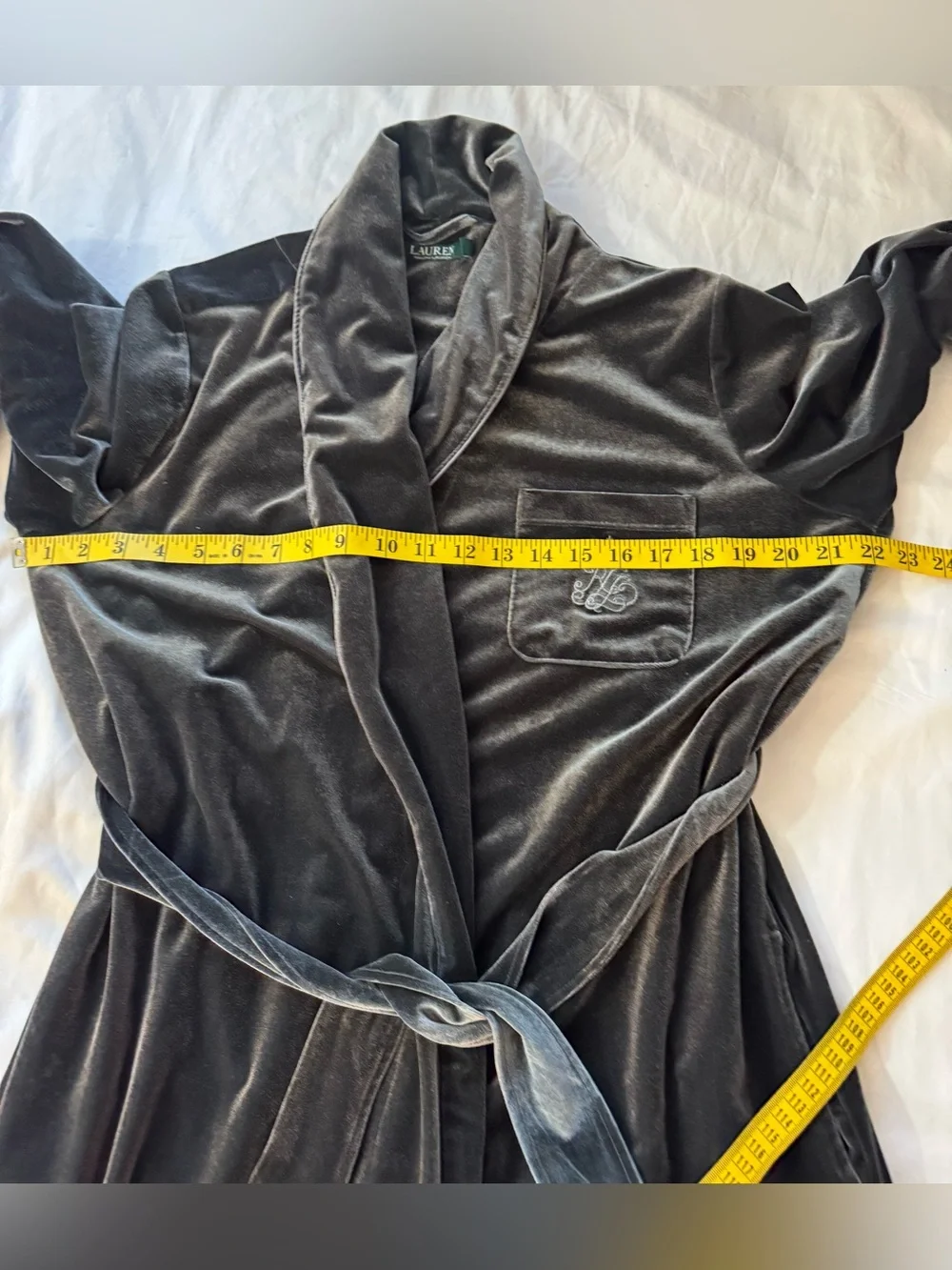 Lauren Ralph Lauren Robe Embroidered Velvet Long Wrap Size Medium Grey